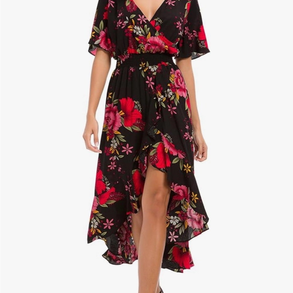 KorMei Black High Low Maxi Floral Botanical Maxi Dress Size Large